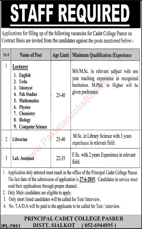 Cadet College Pasrur Jobs 2015 June Teaching Faculty / Lecturers, Librarian & Lab Assistant Latest