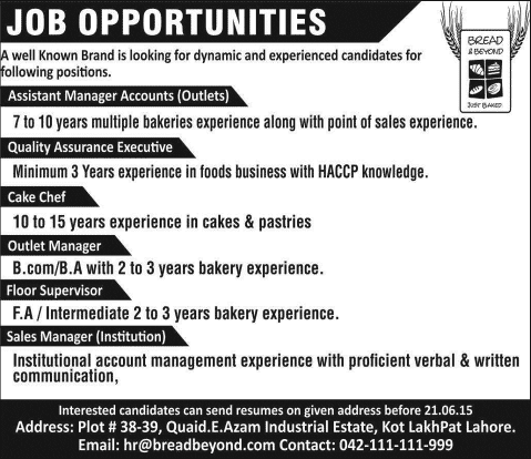 Bread and Beyond Lahore Jobs 2015 June Cake Chef, Outlet / Sales Manager, QA Executive & Others