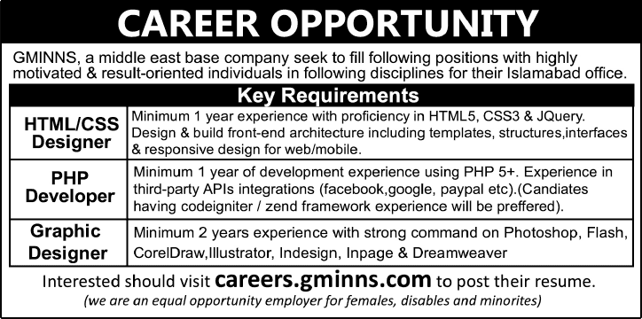 GMINNS Islamabad Jobs 2015 June HTML / CSS Designer, PHP Developer & Graphic Designer