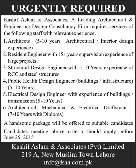 Kashif Aslam & Associates Lahore Jobs 2015 June Architects & Civil / Electrical / Mechanical Engineers