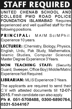 United Chenab School and College Islamabad Jobs 2015 June Lecturers & Admin Staff