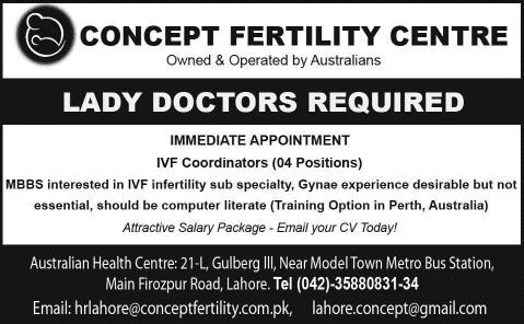 Concept Fertility Centre Lahore Jobs 2015 June for Lady Doctors Latest