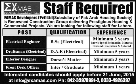 Electrical Engineer, Draftsman, Interior Designer & Receptionist Jobs in Lahore 2015 June Exmas Developers