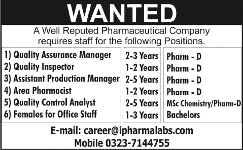 Pharmacists & Office Staff Jobs in Lahore 2015 June at International Pharma Labs Latest