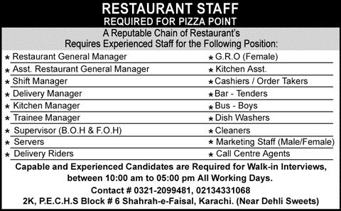 Restaurant Jobs in Karachi 2015 June Managers, Trainees, Marketing & Kitchen Staff Latest
