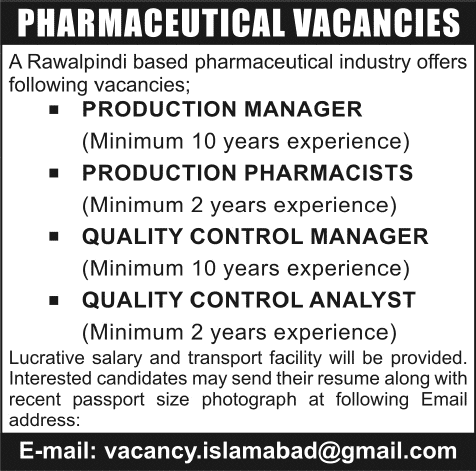 Pharmaceutical Jobs in Rawalpindi 2015 June Production Manager / Pharmacist & Quality Control Staff