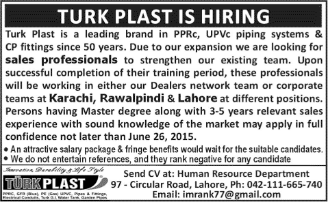 Sales and Marketing Jobs in Karachi / Lahore / Rawalpindi 2015 June at Turk Plast