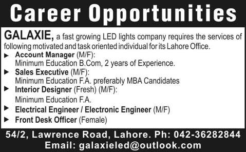 Galaxie LED Lights Company Lahore Jobs 2015 June Sales Executive, Interior Designer, Engineers & Others