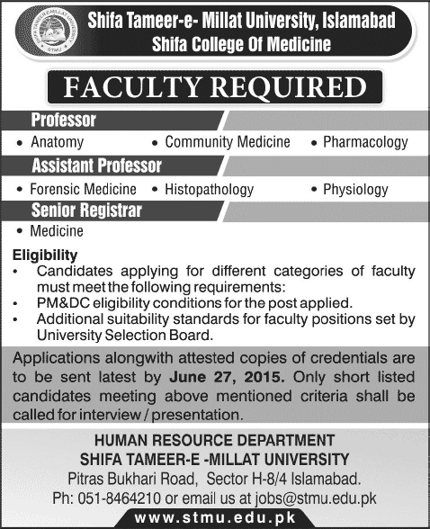 Shifa Tameer-e-Millat University Islamabad Jobs 2015 June Teaching Faculty & Senior Registrar