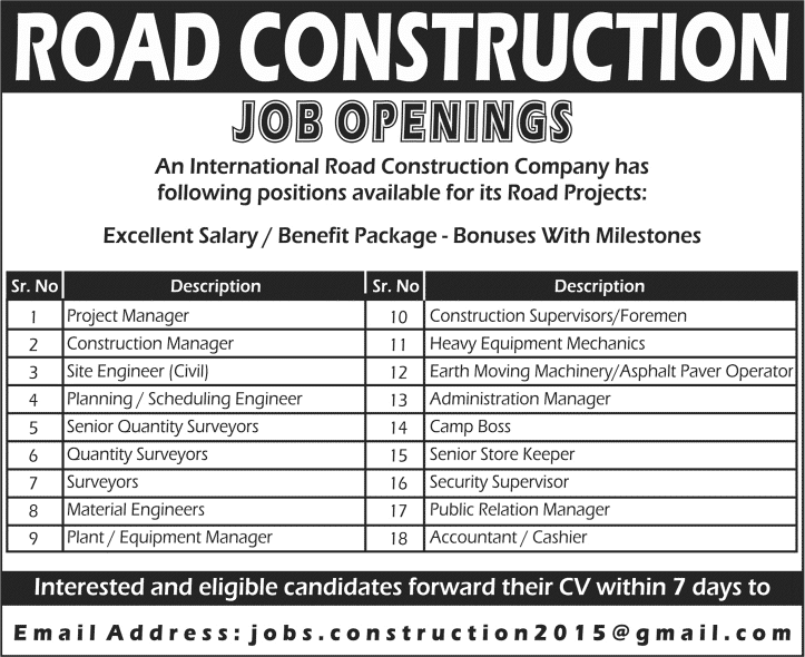 Road Construction Jobs in Pakistan 2015 June Engineers, Surveyors, Managers & Technicians