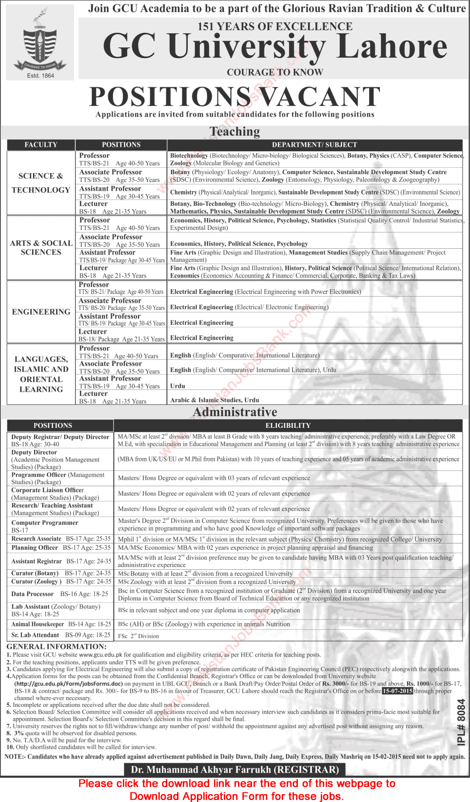 GC University Lahore Jobs 2015 June Application Form Download Teaching & Administrative Staff Latest