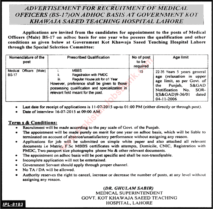 Medical Officer Jobs in Government Kot Khawaja Saeed Teaching Hospital Lahore 2015 June Latest