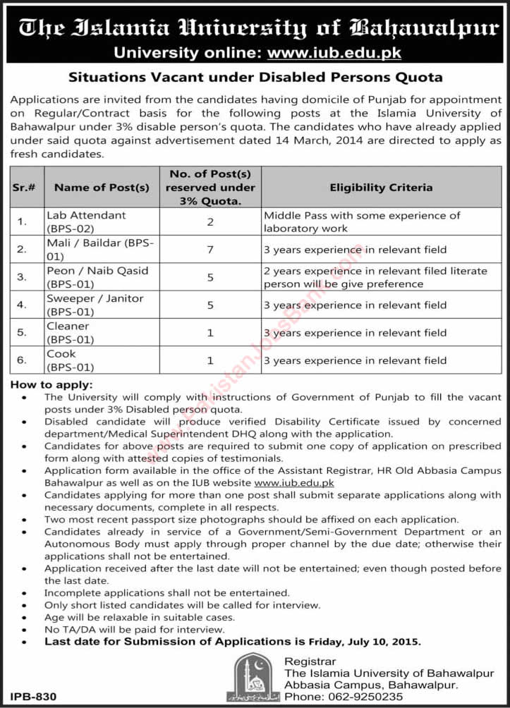 Islamia University of Bahawalpur Jobs 2015 June for Disabled Persons Quota Latest