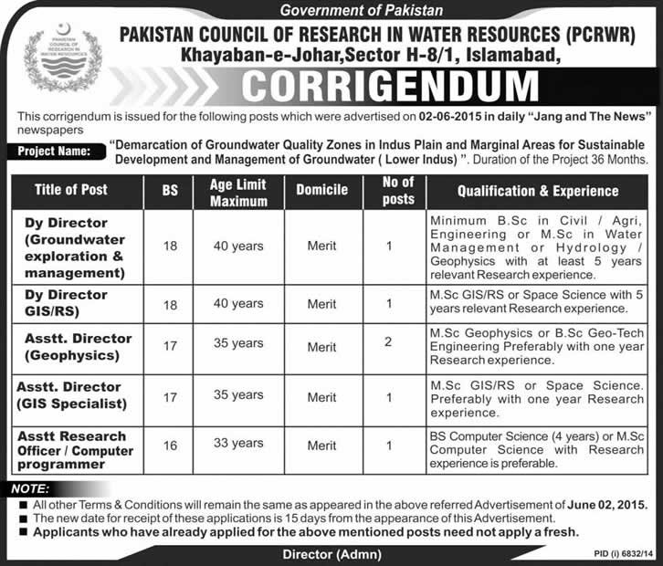 Pakistan Council of Research in Water Resources Jobs 2015 June PCRWR Corrigendum Latest