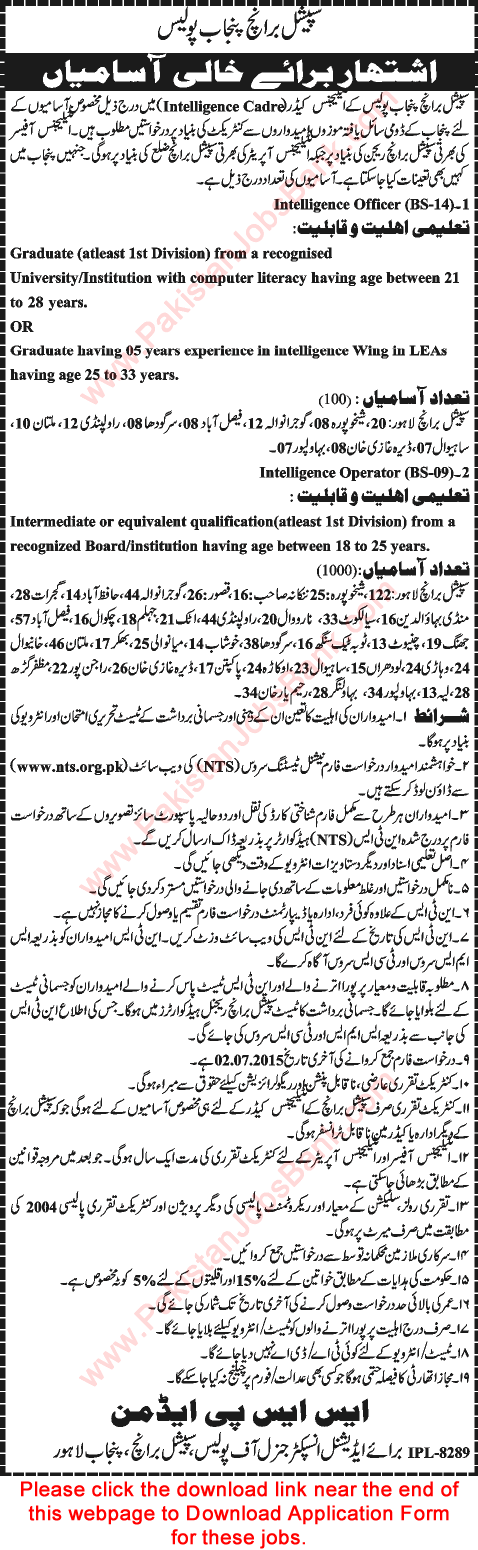 Special Branch Punjab Police Jobs June 2015 NTS Application Form Intelligence Officers / Operators