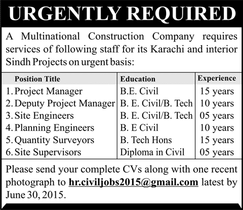 Civil Engineering Jobs in Karachi Sindh 2015 June at a Multinational Construction Company
