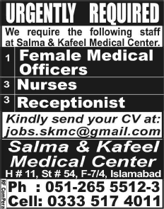 Female Medical Officers, Nurse & Receptionist Jobs in Islamabad 2015 June Salma & Kafeel Medical Center