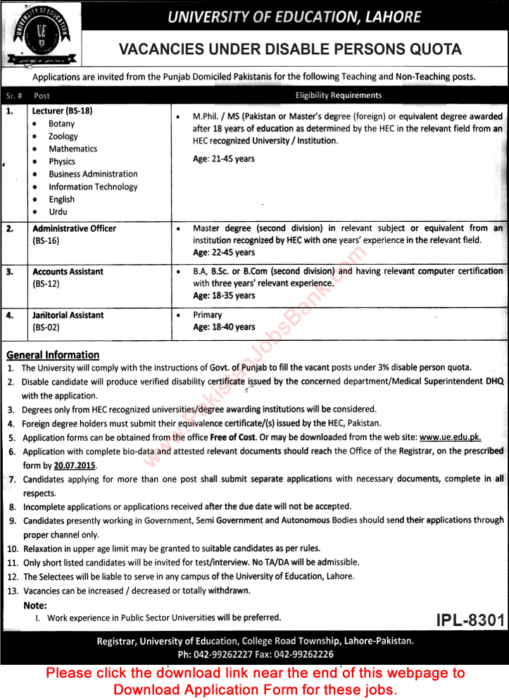 University of Education Lahore Jobs 2015 June Application Form for Lecturers & Admin Staff Disable Quota