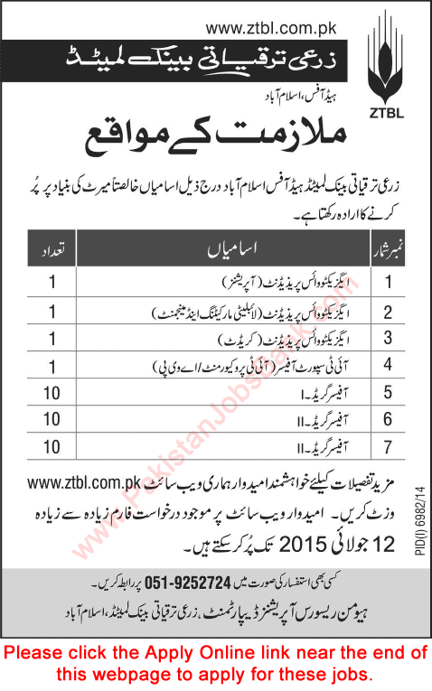 ZTBL Jobs 2015 June / July Apply Online Officers & Executive Vice Presidents