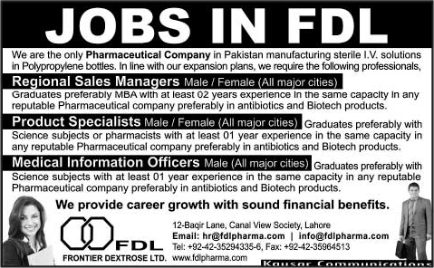 FDL Pharma Jobs 2015 June / July Sales Managers, Product Specialists & Medical Information Officers