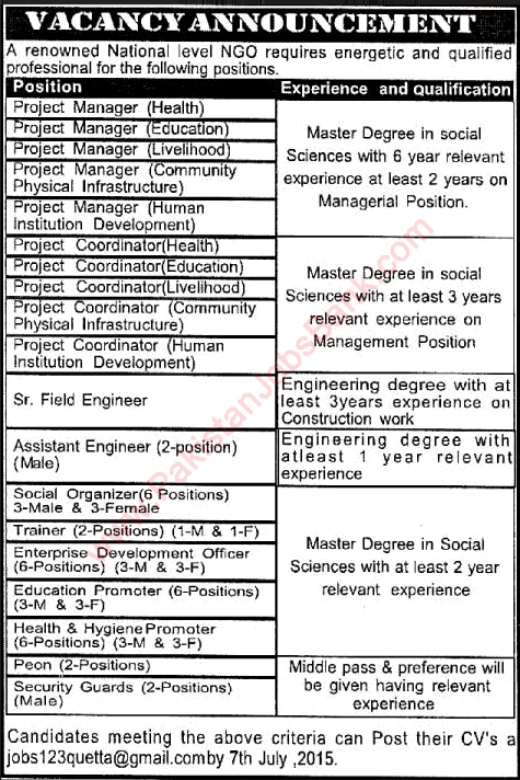 NGO Jobs in Pakistan 2015 June / July Project Managers / Coordinators, Field Engineers & Others Latest