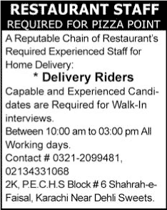 Delivery Rider Jobs in Karachi 2015 June / July for Pizza Point
