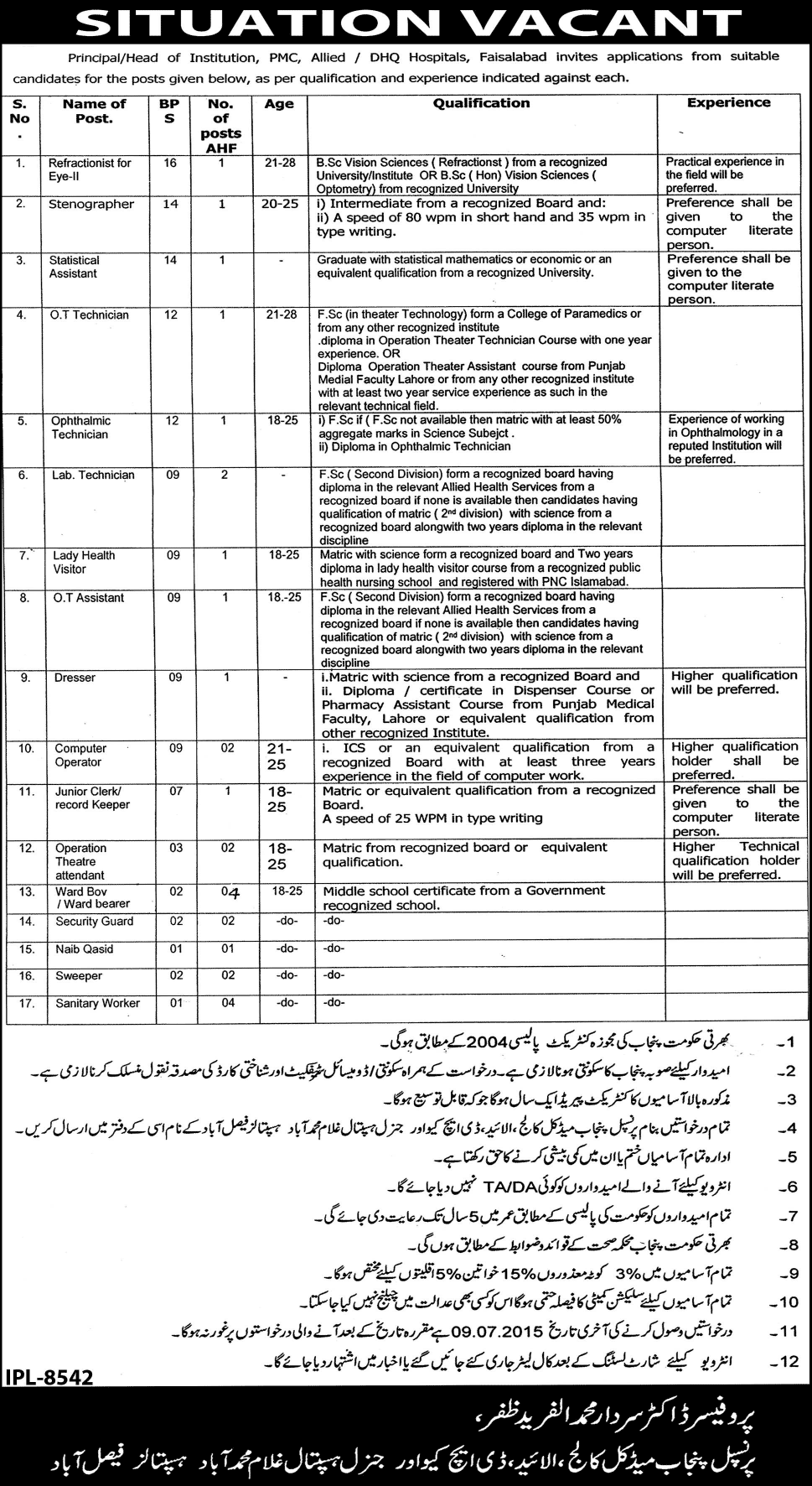 PMC, Allied, DHQ & General Hospital Faisalabad Jobs 2015 June / July Latest