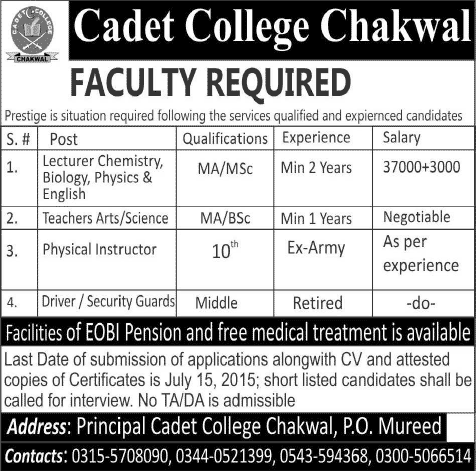 Cadet College Chakwal Jobs 2015 June / July Lecturers, Teachers, Physical Instructor, Drivers & Security Guards
