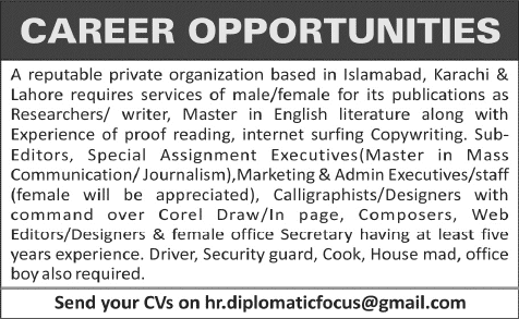 Diplomatic Focus Magazine Jobs 2015 June / July Editors, Designers, Composers, Admin & Other Staff