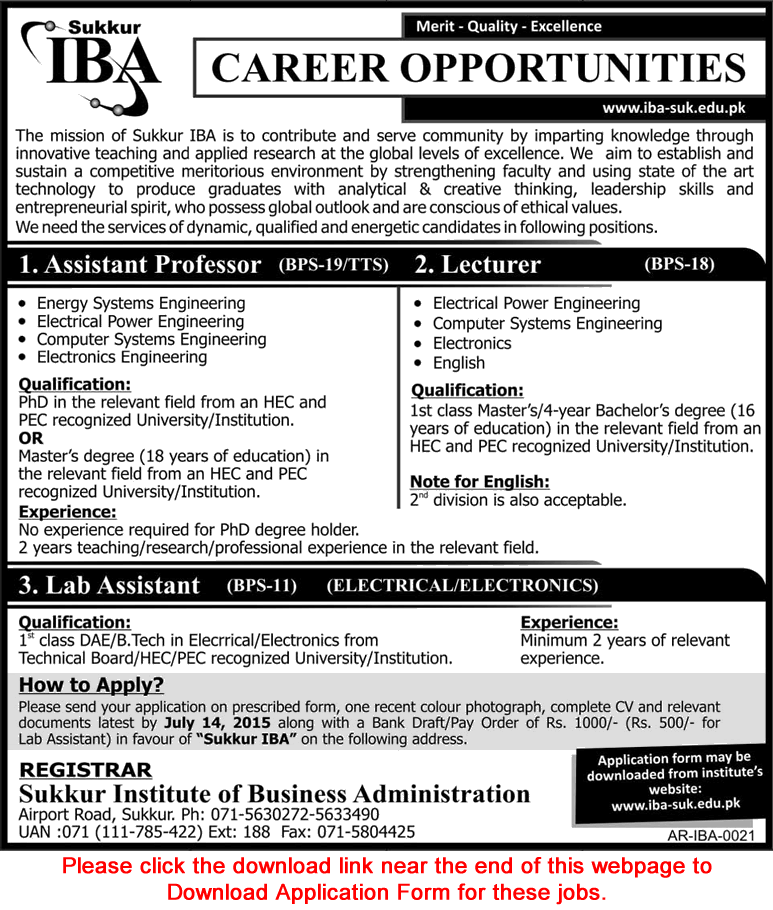 IBA Sukkur Jobs 2015 June / July Application Form Download Teaching Faculty & Lab Assistant Latest