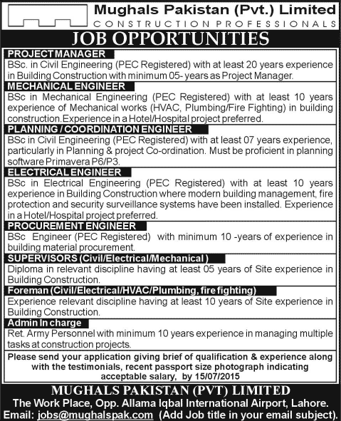 Mughals Pakistan Pvt. Limited Lahore Jobs 2015 June / July Engineers, Foremen & Admin Incharge