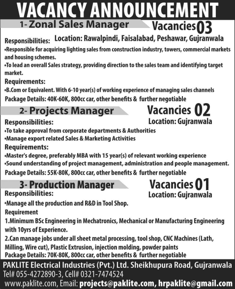 Paklite Electrical Industries Jobs 2015 June / July Sales / Project / Production Managers