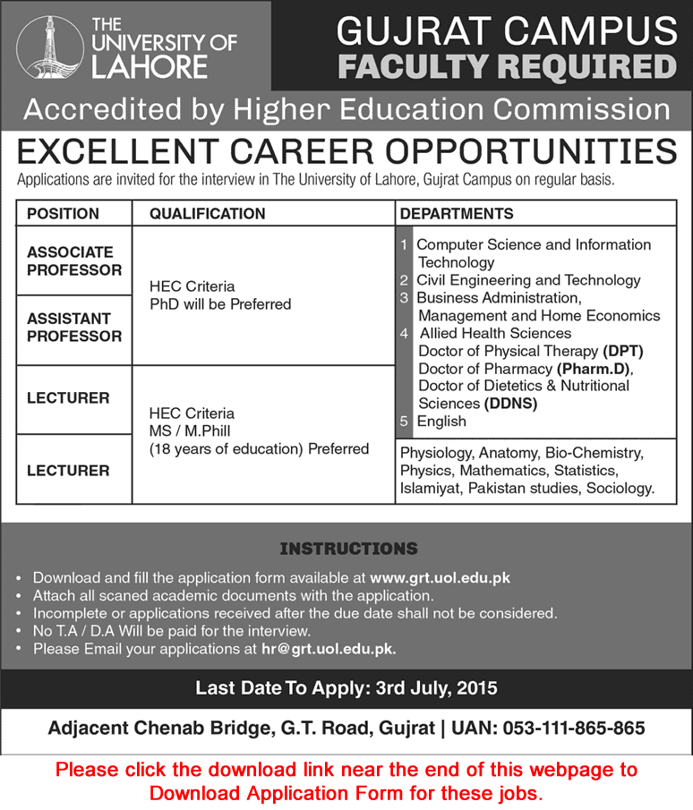 University of Lahore Gujrat Campus Jobs 2015 June / July Teaching Faculty Application Form Download