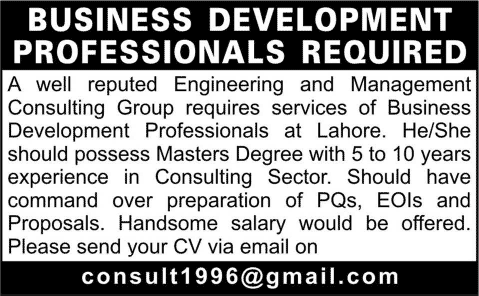 Business Development Professional Jobs in Lahore 2015 June / July for a Consulting Group