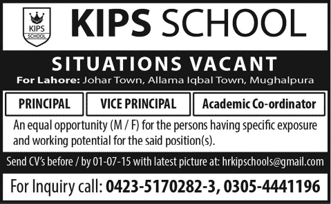 KIPS School Lahore Jobs 2015 June / July Vice / Principal & Academic Coordinator