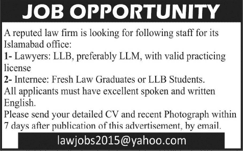 Lawyers & Law Internee Jobs in Islamabad 2015 June / July Latest