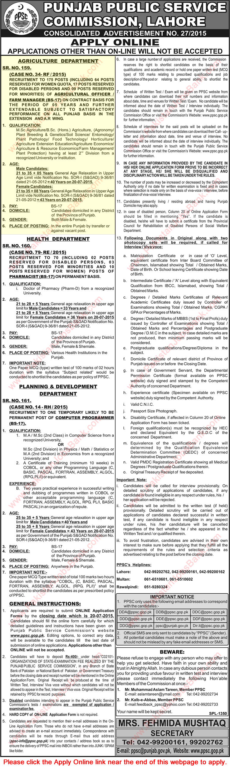 PPSC Agriculture Department Punjab Jobs July 2015 Agricultural Officers / Farm Managers Latest