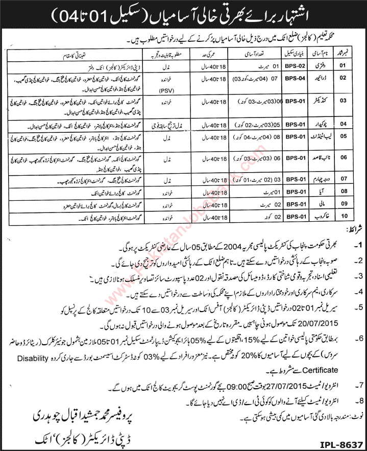 Education Department Attock Jobs 2015 July Government Colleges Lab Attendant, Naib Qasid, Drivers & Others