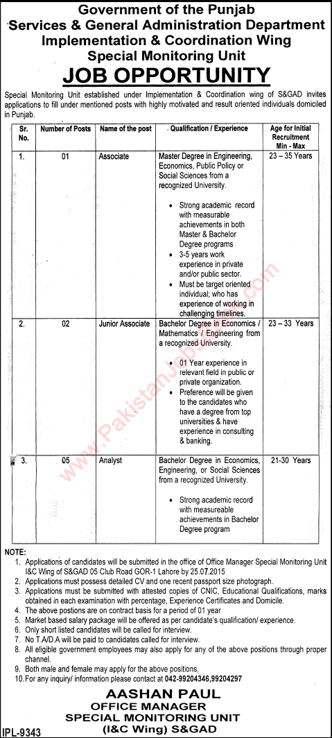 S&GAD Punjab Jobs 2015 July Analysts & Associates in Special Monitoring Unit Lahore Latest