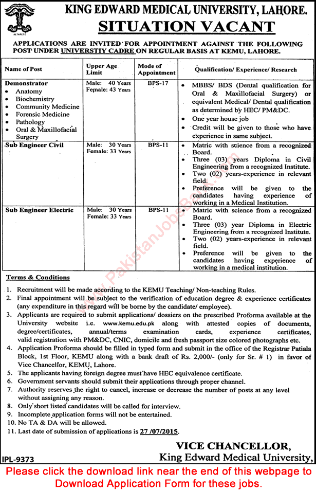 King Edward Medical University Lahore Jobs 2015 July Application Form Demonstrators & Sub Engineers