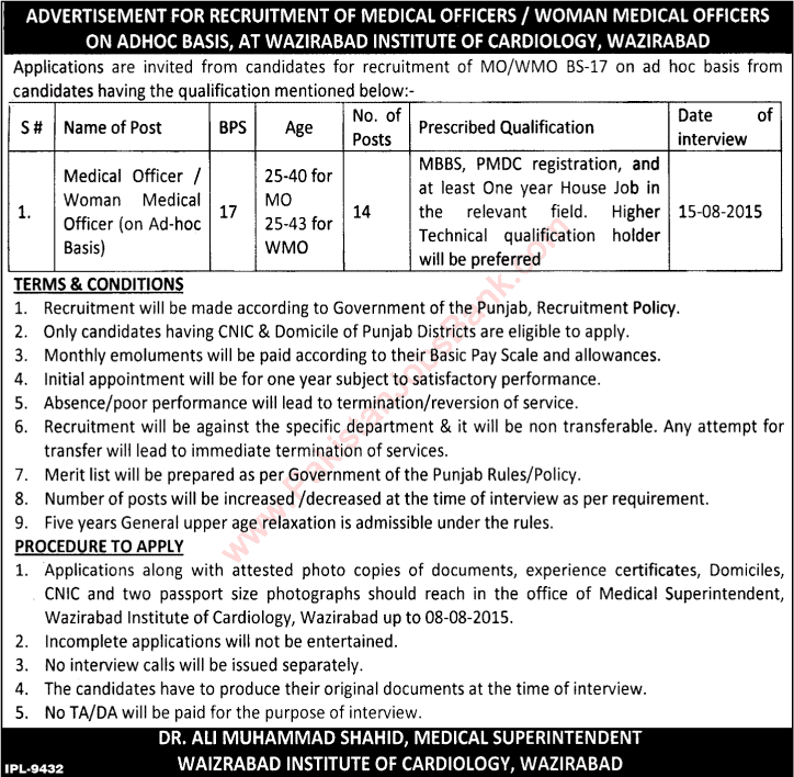Wazirabad Institute of Cardiology Jobs 2015 July Women / Medical Officers WIC Latest Advertisement