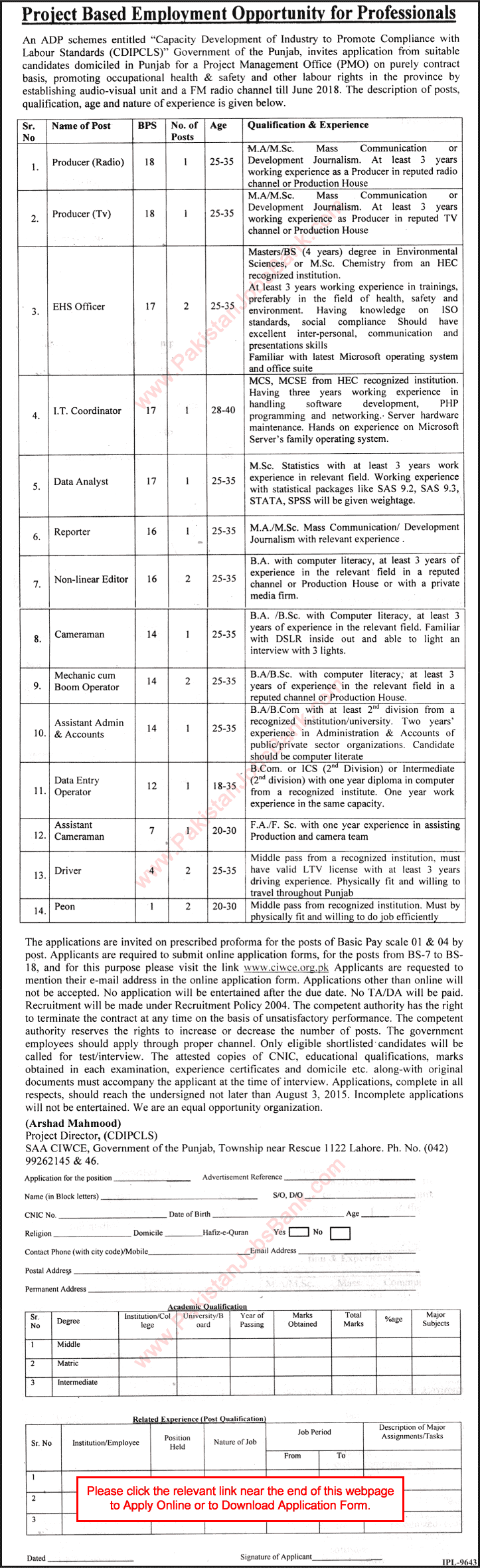 CIWCE Lahore Jobs 2015 July Online Application Form CDIPCLS Project Latest