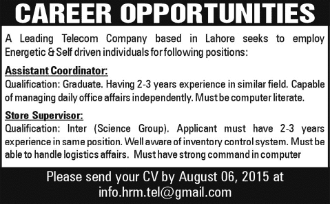 Assistant Coordinator & Store Supervisor Jobs in Lahore 2015 July in a Telecom Company