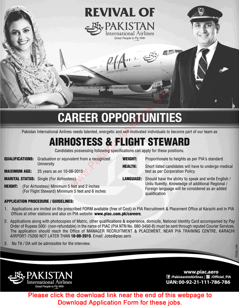 PIA Jobs July 2015 Air Hostess & Flight Stewards Application Form Download Latest