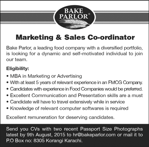 Bake Parlor Karachi Jobs 2015 July for Marketing & Sales Coordinator Latest