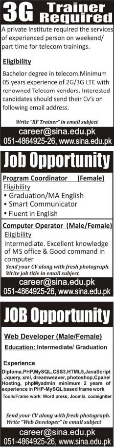 SINA Institute Islamabad Jobs 2015 July for 3G Trainer, Program Coordinator & Web Developer