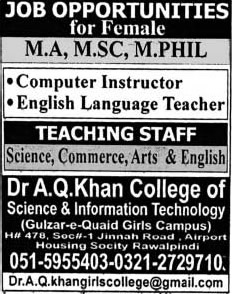 Female Teaching Jobs in Rawalpindi Jobs July 2015 Dr. AQ Khan College of Science & Information Technology