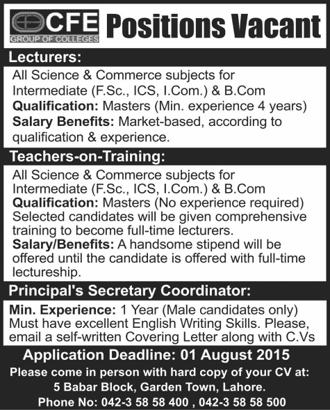 CFE Group of Colleges Lahore Jobs 2015 July Lecturers, Teachers-on-Training & Principal's Secretary Coordinator