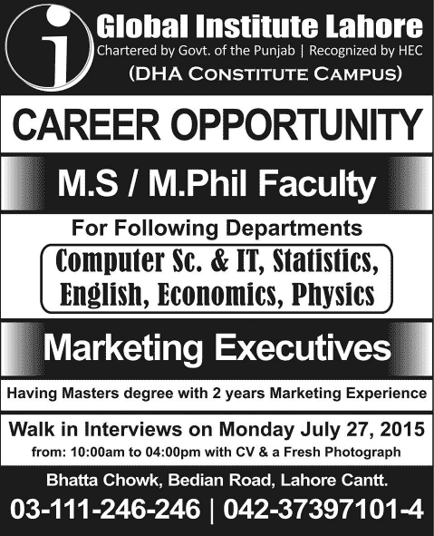 Global Institute Lahore Jobs 2015 July Teaching Faculty & Marketing Executive at DHA Constitute Campus