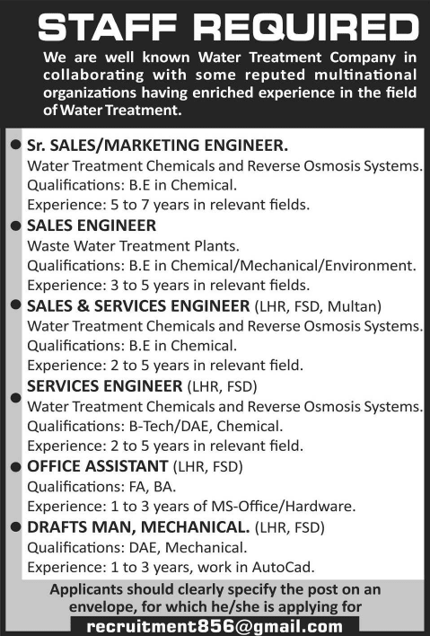 Chemical / Mechanical Engineers & Office Assistant Jobs in Punjab 2015 July Water Treatment Company